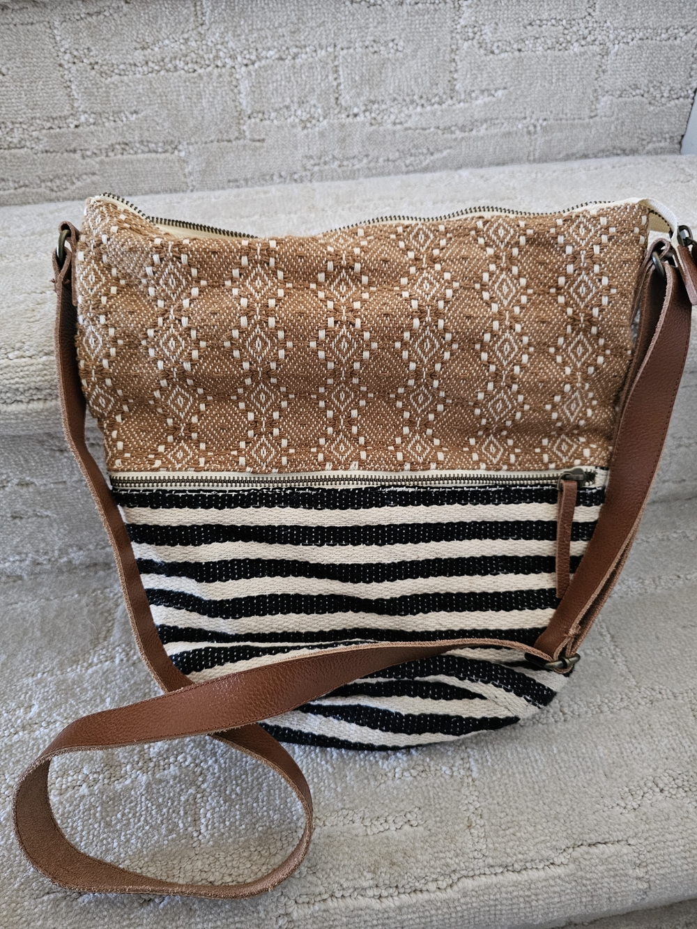 Fatface Tan and Black Woven Crossbody Bag with Adjustable Strap